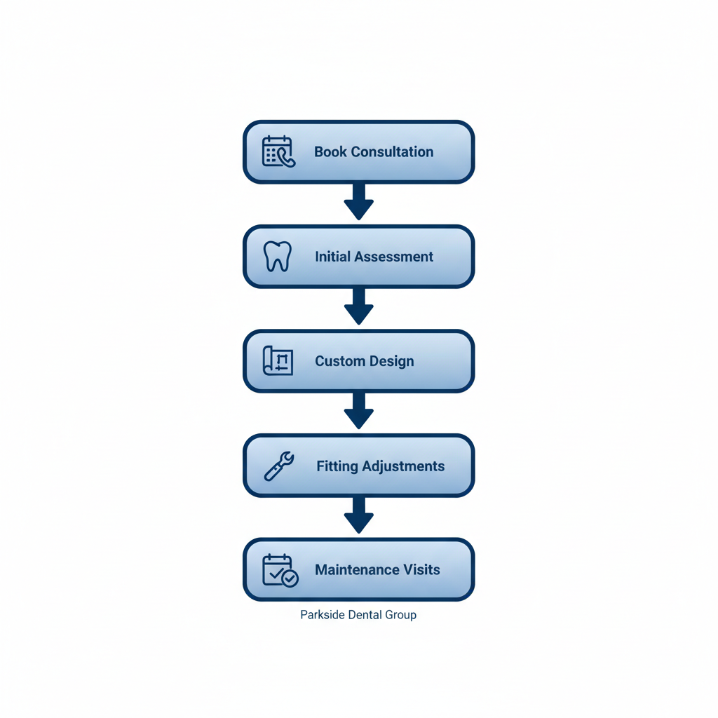 Vertical process flow diagram showing five steps for getting dentures: booking consultation, assessment, custom design, fitting, and maintenance at Parkside Dental Group.
