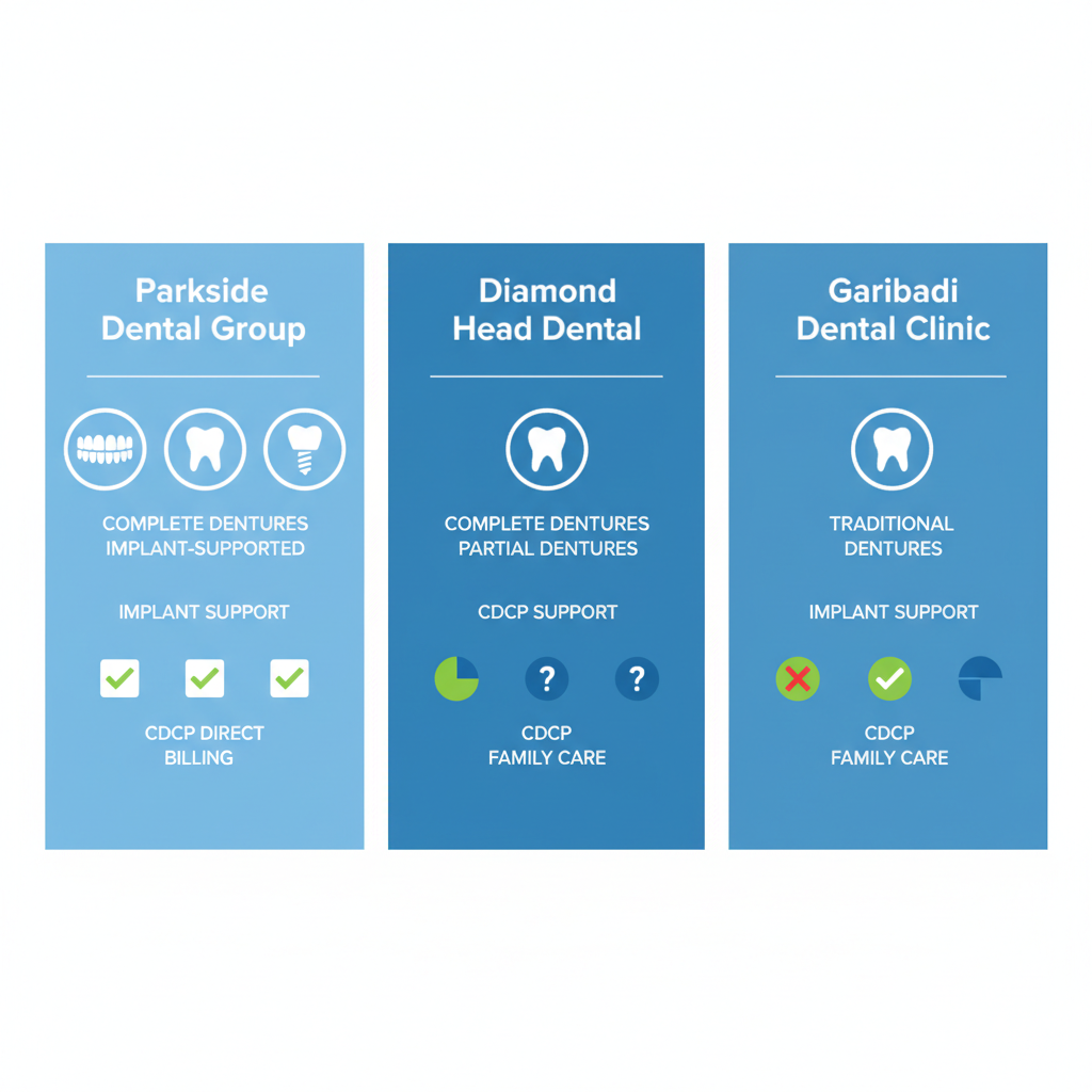 Infographic visually comparing denture types, implant support, CDCP acceptance, and family-focused care across Squamish dental clinics including Parkside Dental Group.