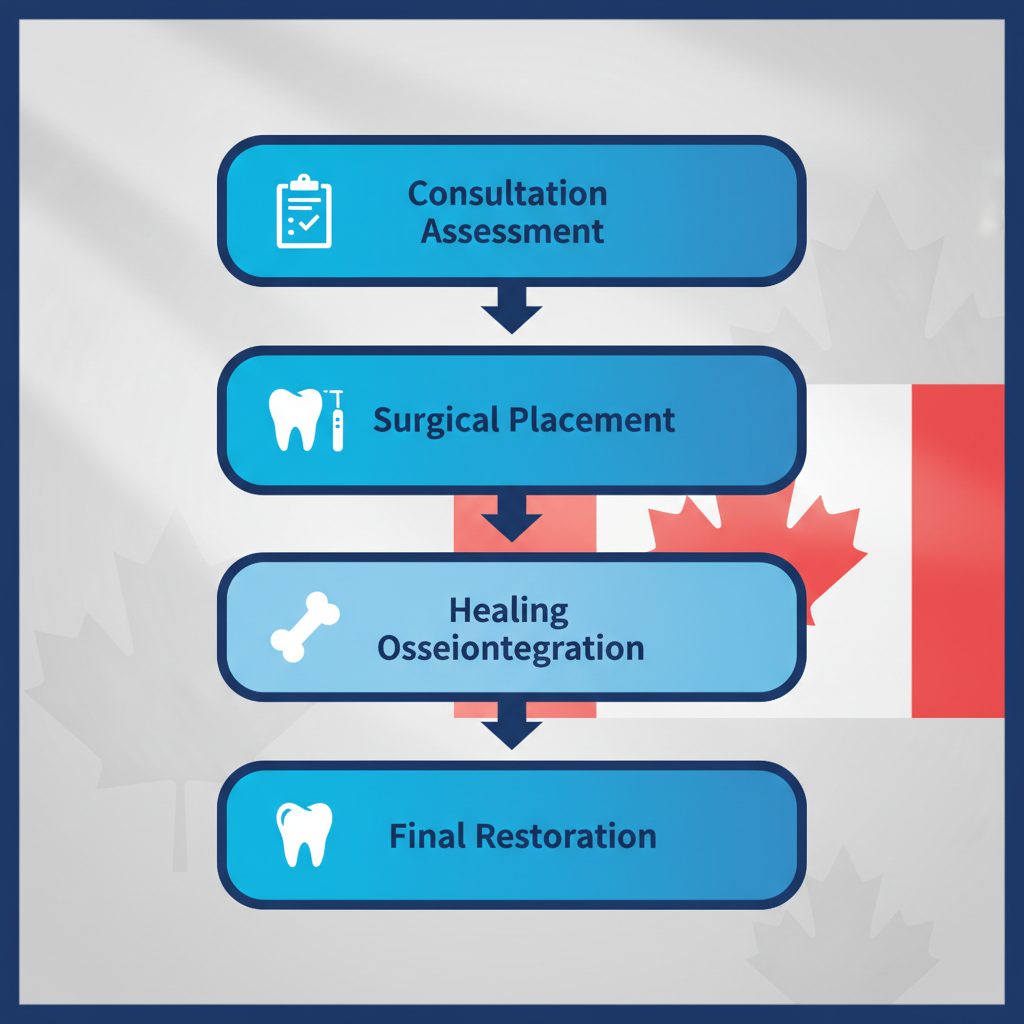 Vertical flowchart depicting the four steps of the dental implant procedure: consultation, placement, healing, and restoration with icons.