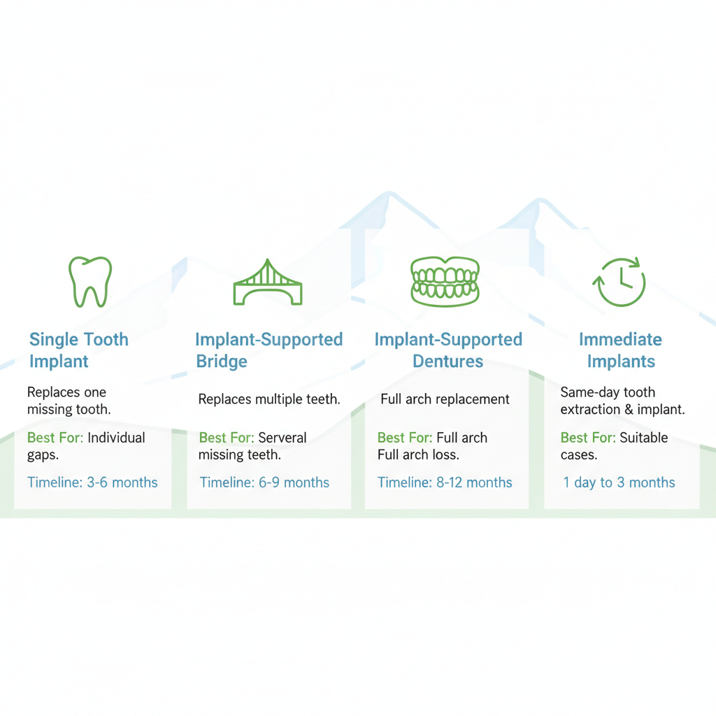Infographic comparing four dental implant types in Squamish with icons, descriptions, suitability, and timelines.