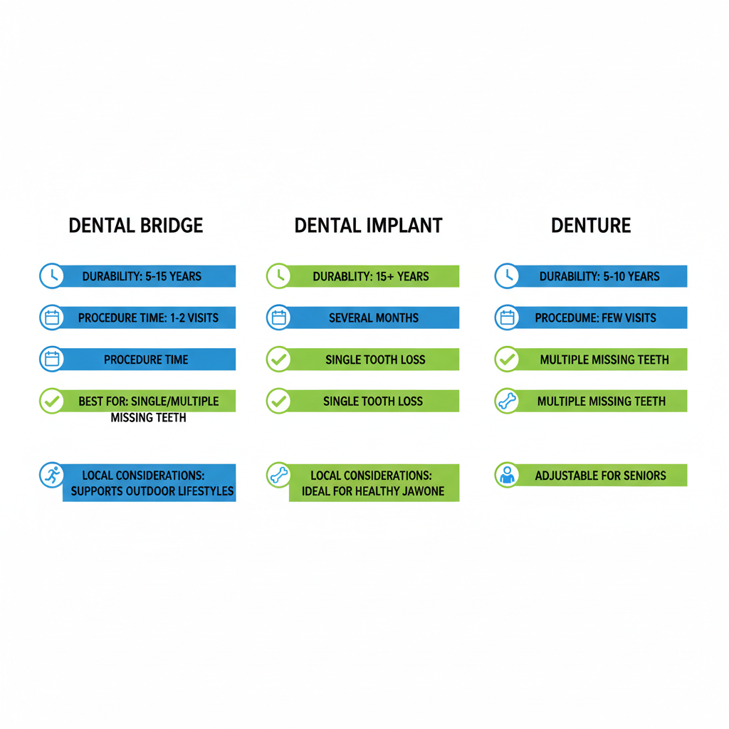 Infographic comparing Dental Bridge, Implant, and Denture options including durability, procedure time, suitability, and local factors for Squamish residents