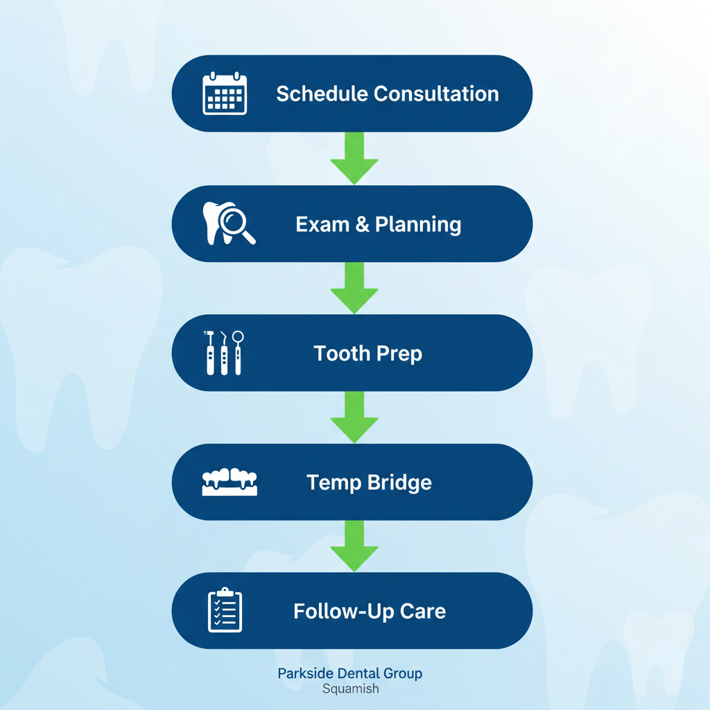 Vertical process flow diagram showing five steps to get a dental bridge, including consultation, exam, preparation, fitting, and follow-up.