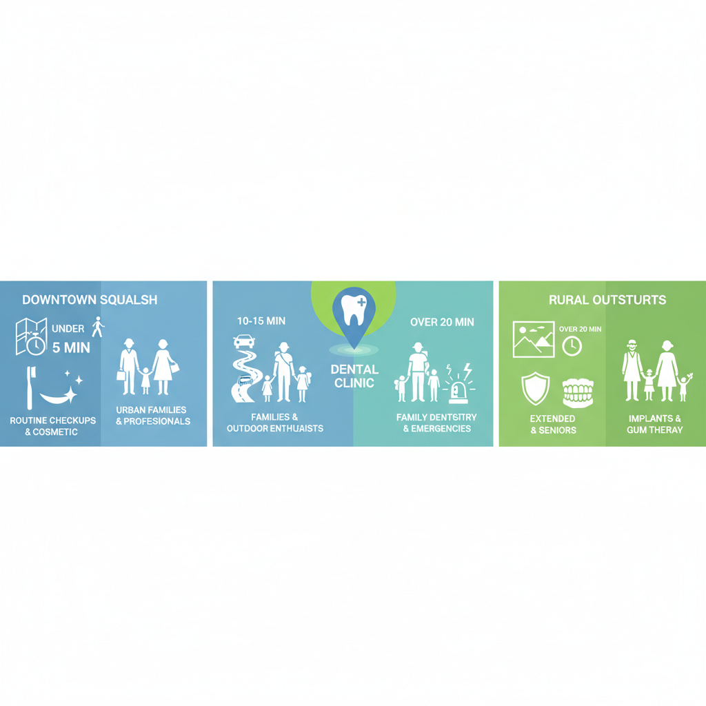 Infographic illustrating dental service access and community needs in Squamish neighborhoods