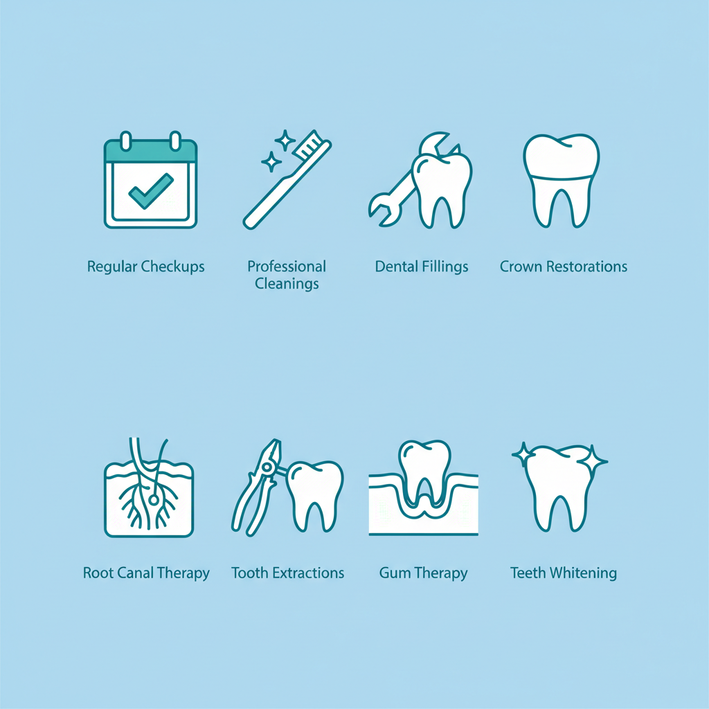 Grid of eight icons illustrating general dental services including checkups, cleanings, fillings, crowns, root canals, extractions, gum therapy, and whitening.