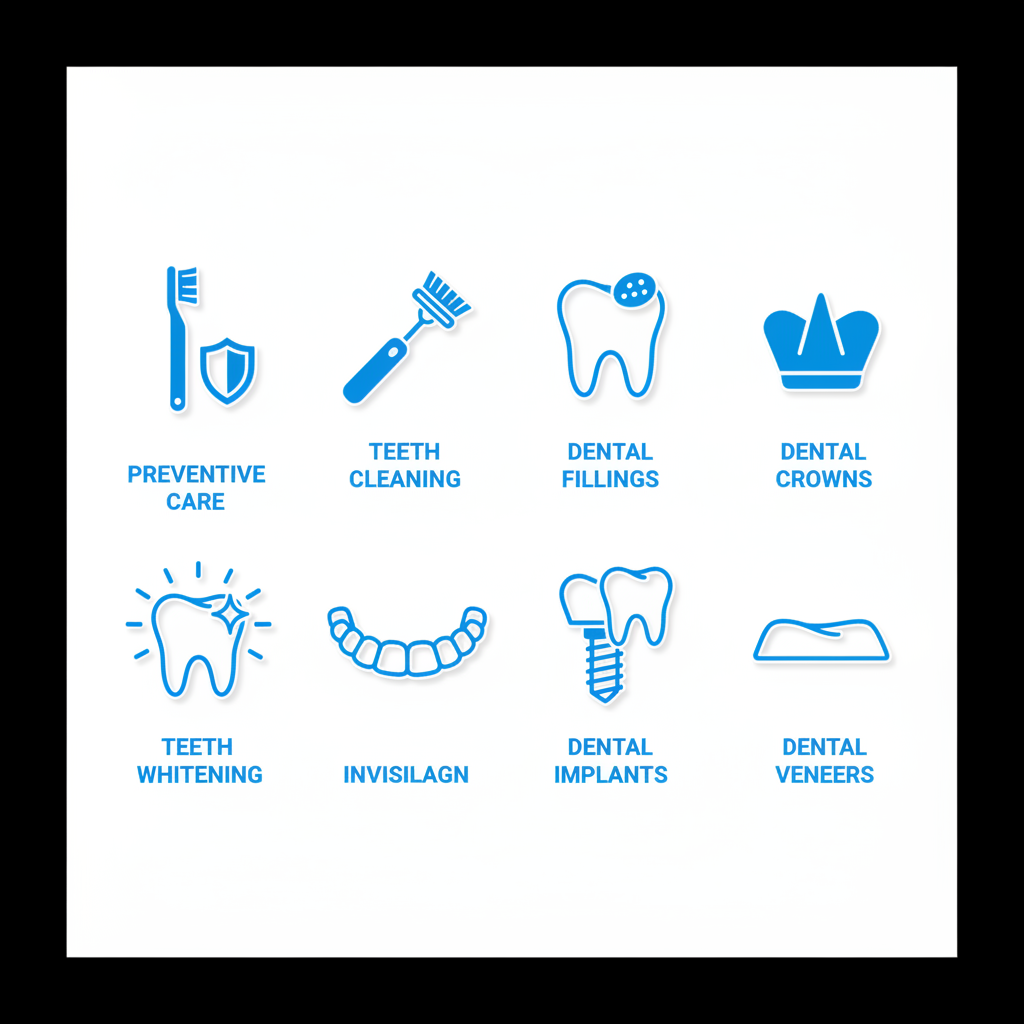 Grid of icons depicting comprehensive dental services including preventive care, cleanings, restorative treatments, and cosmetic options.