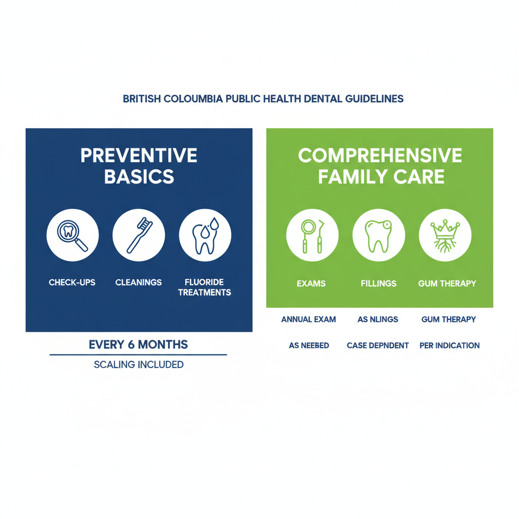 Infographic comparing preventive basic dental services like checkups and cleanings to comprehensive family care including fillings and crowns in British Columbia.