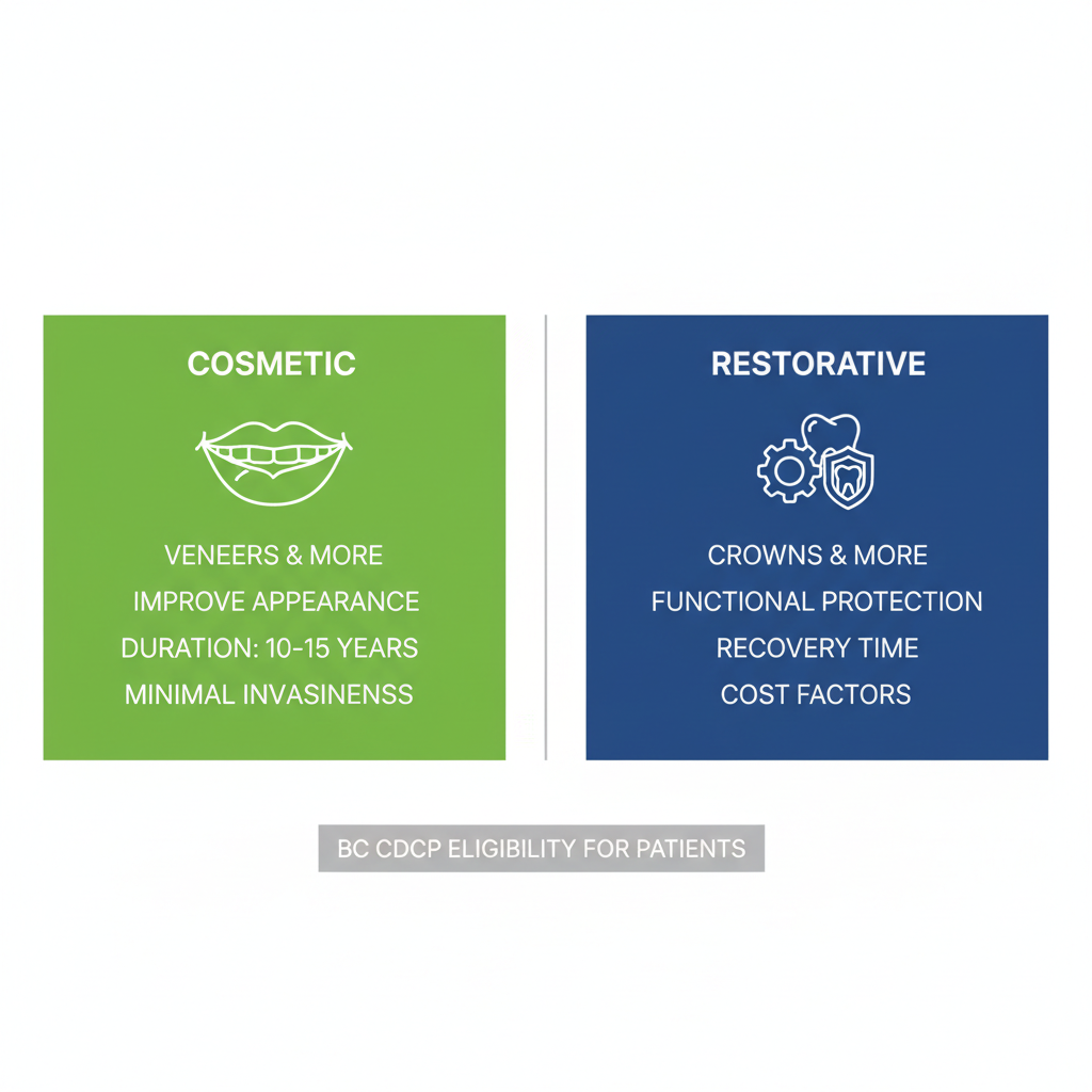 Infographic comparing cosmetic and restorative dental treatments with icons, durations, and BC coverage notes