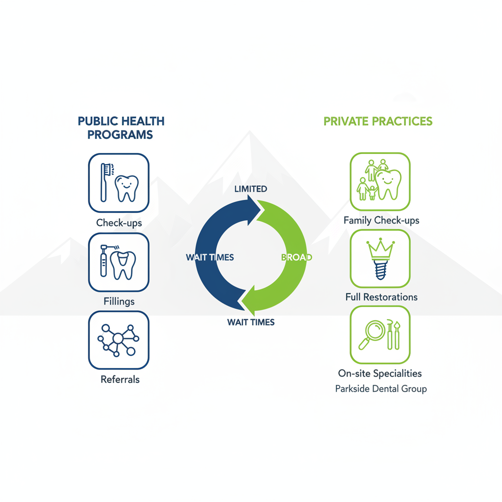 Infographic comparing public and private dental services in Pemberton, showing icons for checkups, fillings, restorations, and specialties.