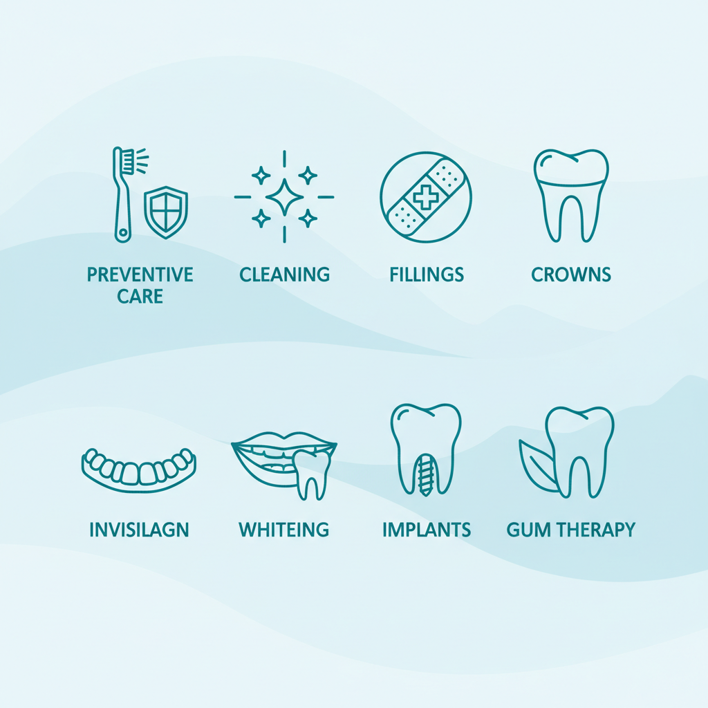 Grid of icons representing various dental services available, including preventive care, cleanings, fillings, crowns, Invisalign, whitening, implants, and gum therapy.