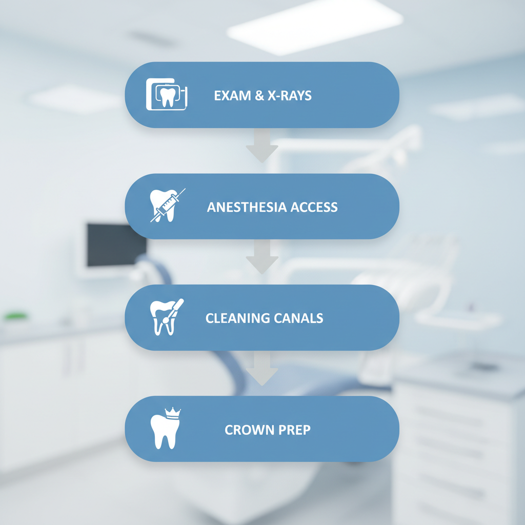Vertical process flow diagram illustrating five steps of root canal treatment with icons and arrows in a professional style