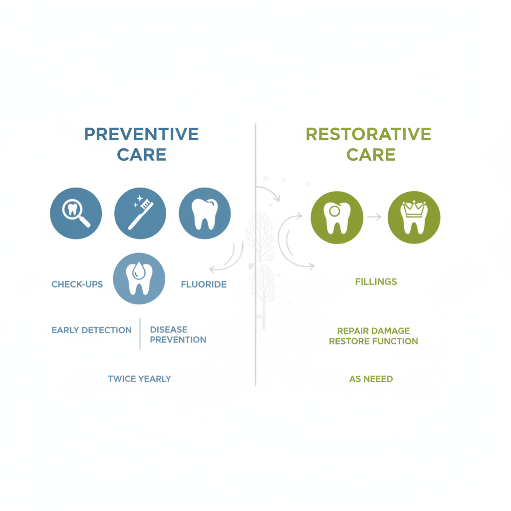 Infographic comparing preventive dental care like checkups and cleanings in soft blue on left, restorative services like fillings and crowns in warm green on right, with benefits and frequencies.