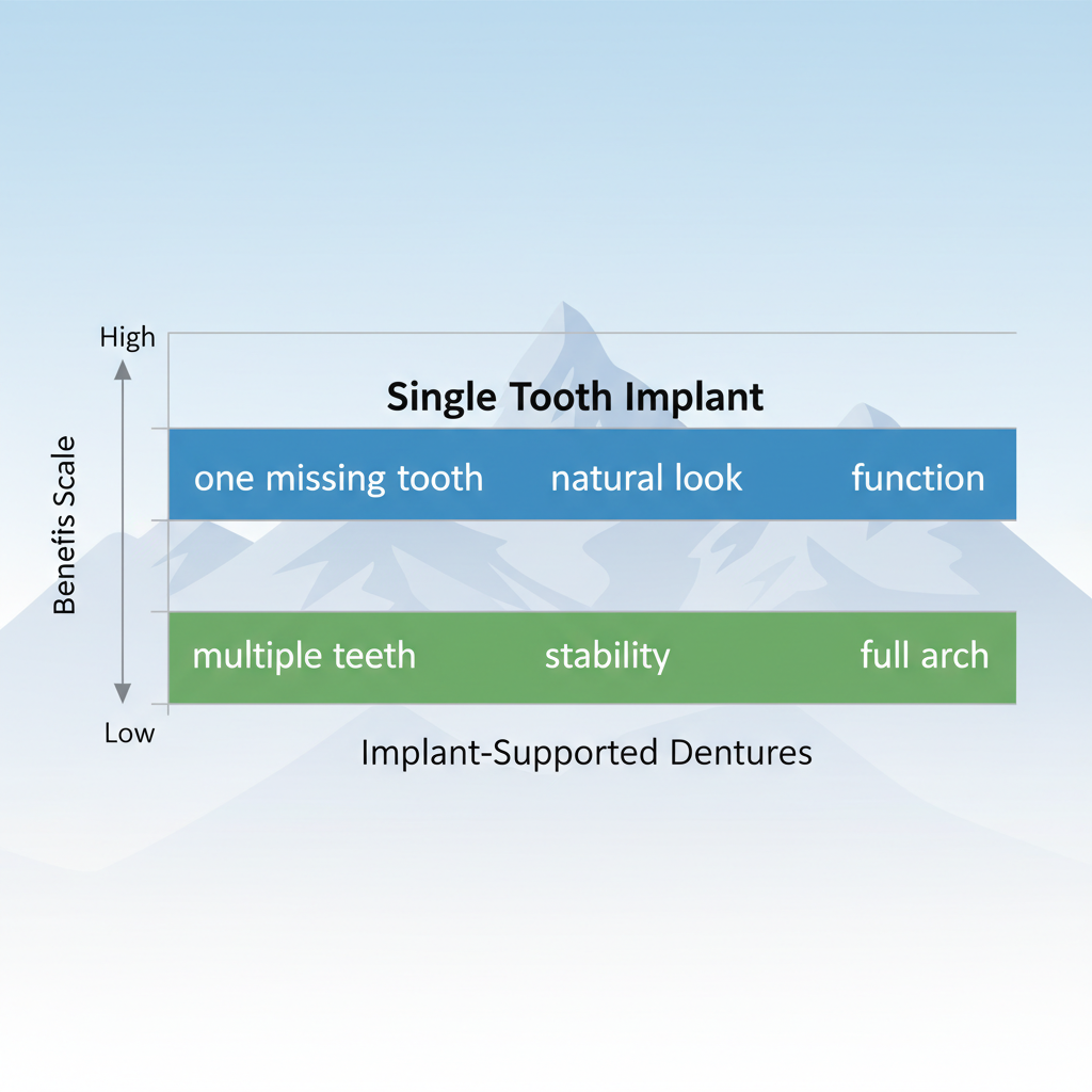 Bar chart comparing benefits of single tooth implants versus implant-supported dentures for dental tooth replacement