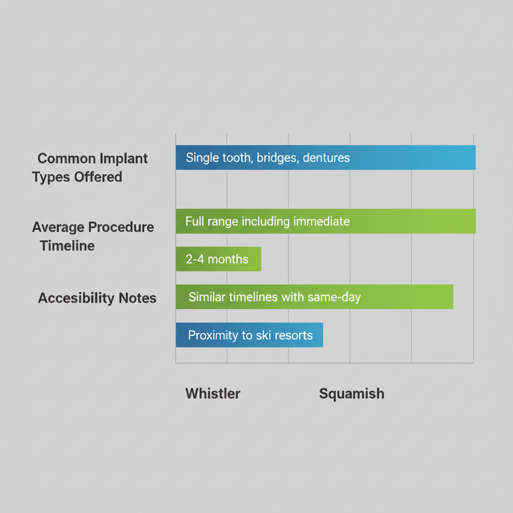 Horizontal bar chart comparing dental implant services in Whistler and Squamish, showing types, timelines, and accessibility.