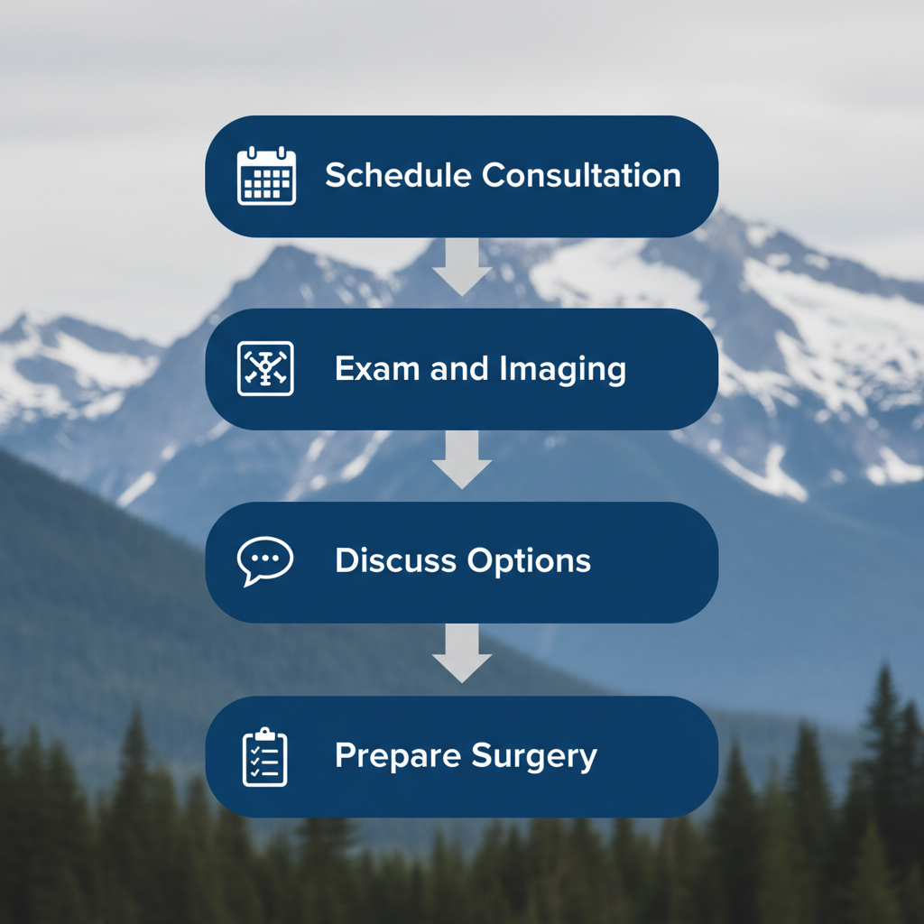Vertical process flow diagram showing four steps for beginning dental implants in Whistler with icons and labels.