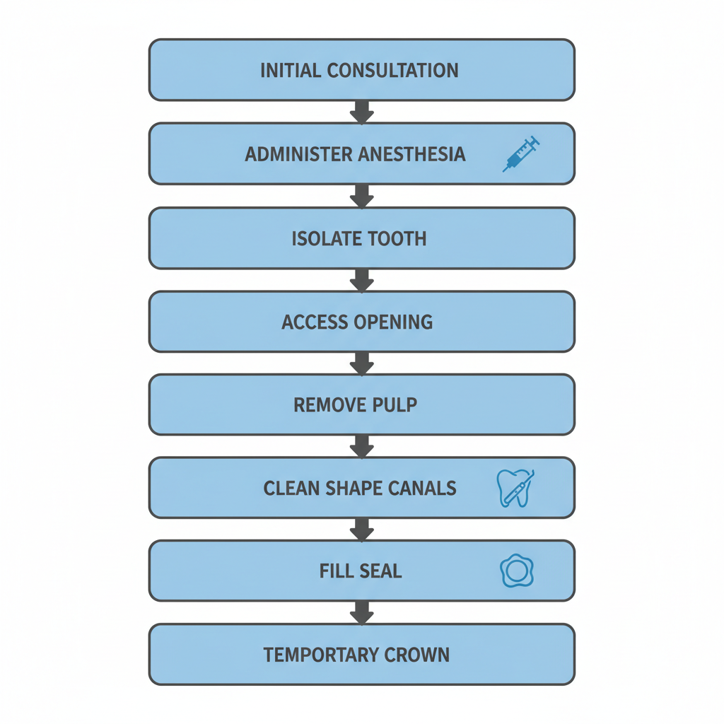 Vertical process flow diagram illustrating the step-by-step root canal procedure with icons and minimal labels