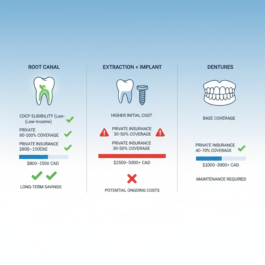 Infographic comparing insurance coverage for root canal versus extraction with implant and dentures in Canadian dental care
