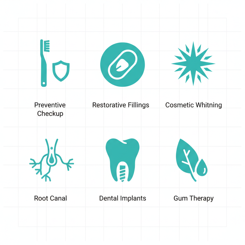 Grid of icons depicting dental services including preventive care, fillings, whitening, root canals, implants, and gum therapy.