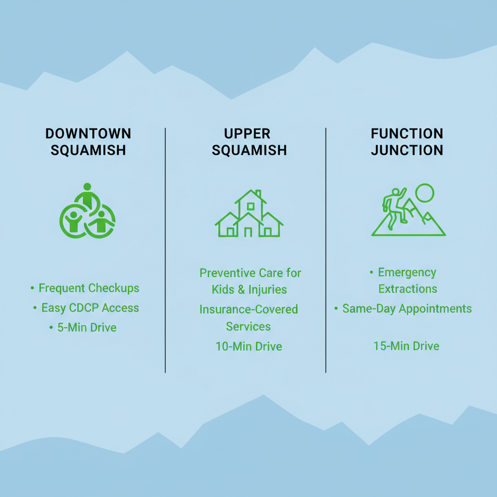 Infographic comparing dental services in Squamish neighborhoods: Downtown, Upper Squamish, and Function Junction with icons and access details.