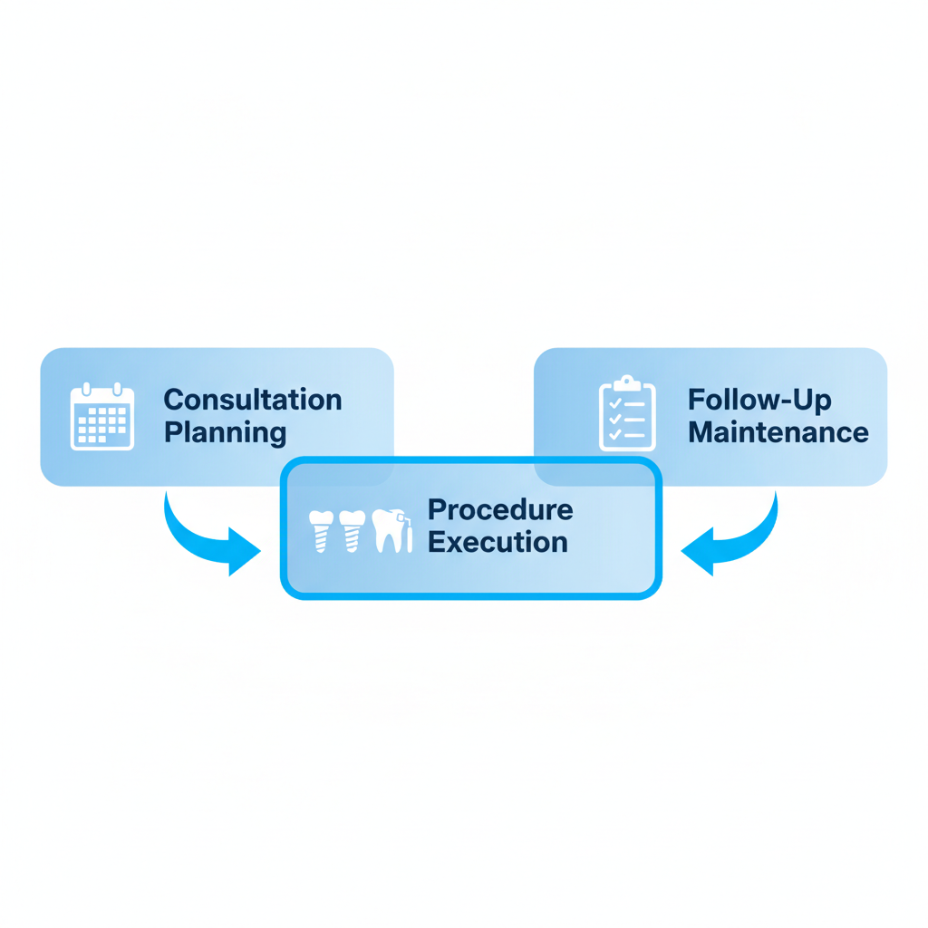 Horizontal process flow diagram showing three stages of dental treatments: consultation, procedure, and follow-up.