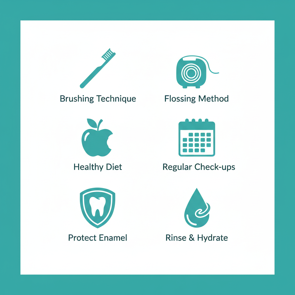 Grid of six flat teal icons depicting oral health tips: brushing, flossing, healthy diet, checkups, mouthguard, and hydration.