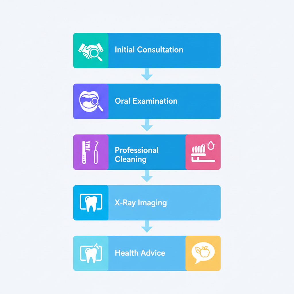 Vertical process flow diagram illustrating steps of a routine dental checkup from consultation to health advice.