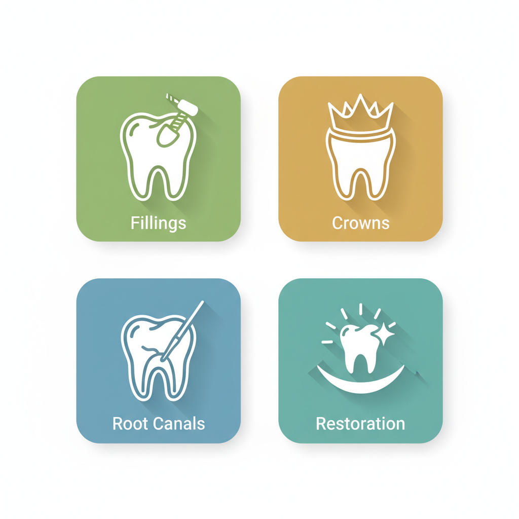 Grid of four icons depicting restorative dental treatments: fillings in green, crowns in gold, root canals in blue, and smile restoration in teal.