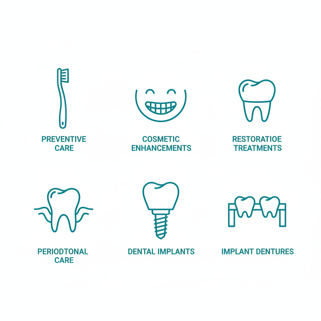 Grid of six teal outline icons representing dental services: preventive care toothbrush, cosmetic smiling face, restorative crown, periodontal gum, dental implant root, implant-supported bridge.