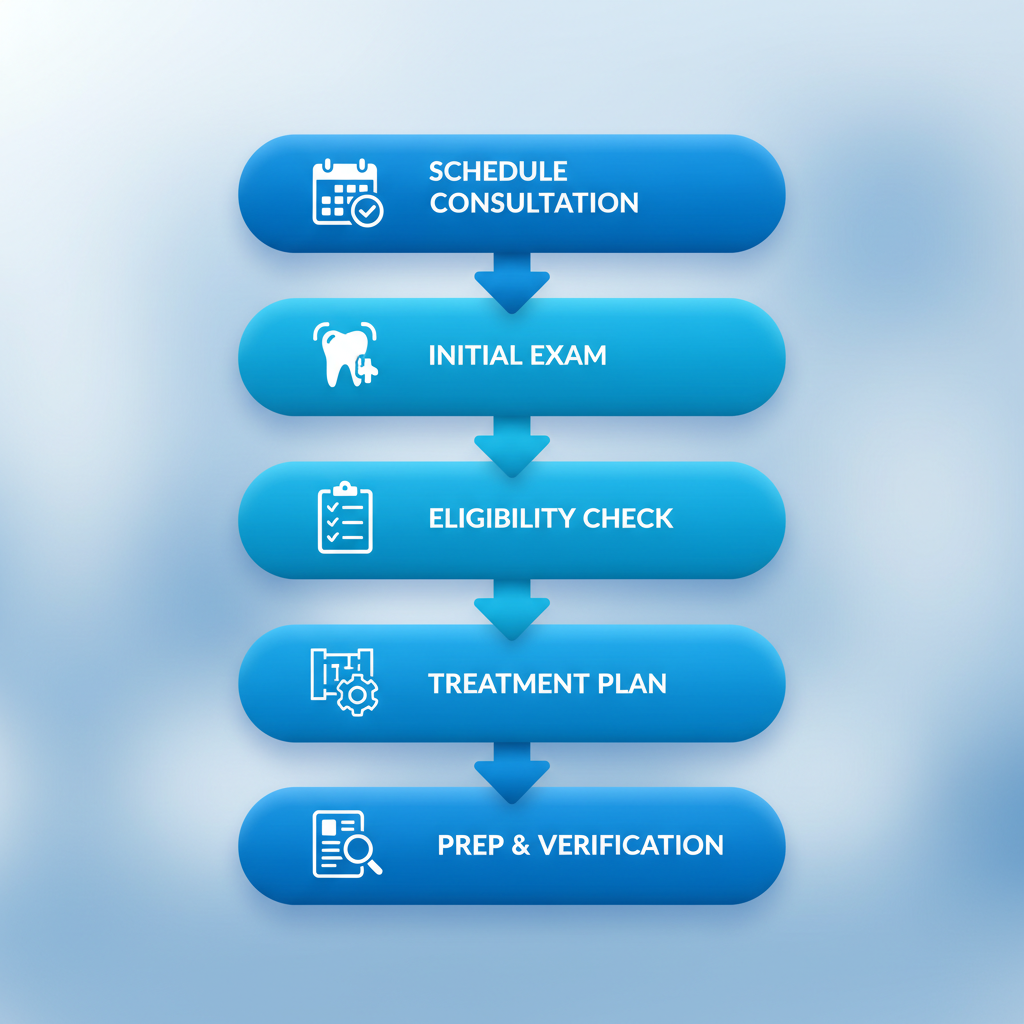 Vertical process flow diagram showing five steps to begin dental implant journey with icons and labels.