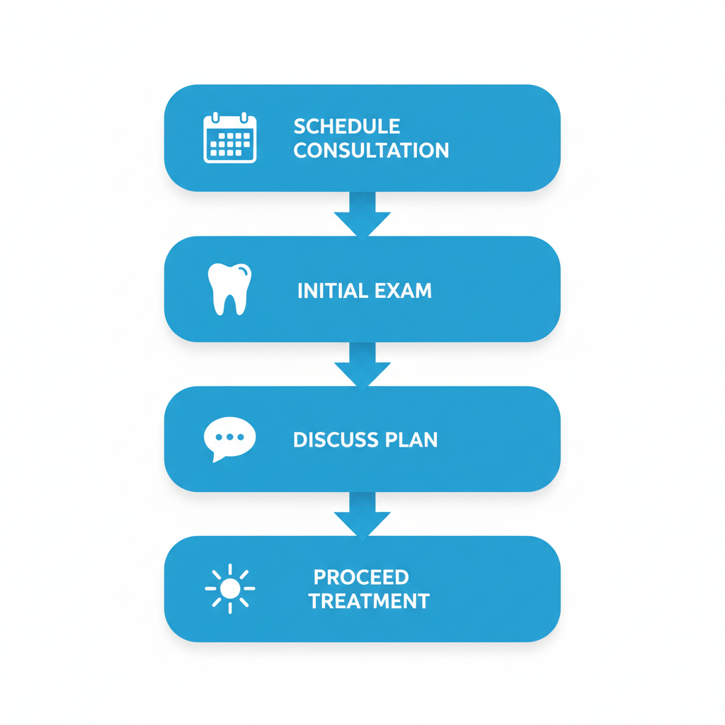 Vertical process flow diagram illustrating four steps to start teeth whitening: schedule consultation, initial exam, discuss options, and proceed with treatment.