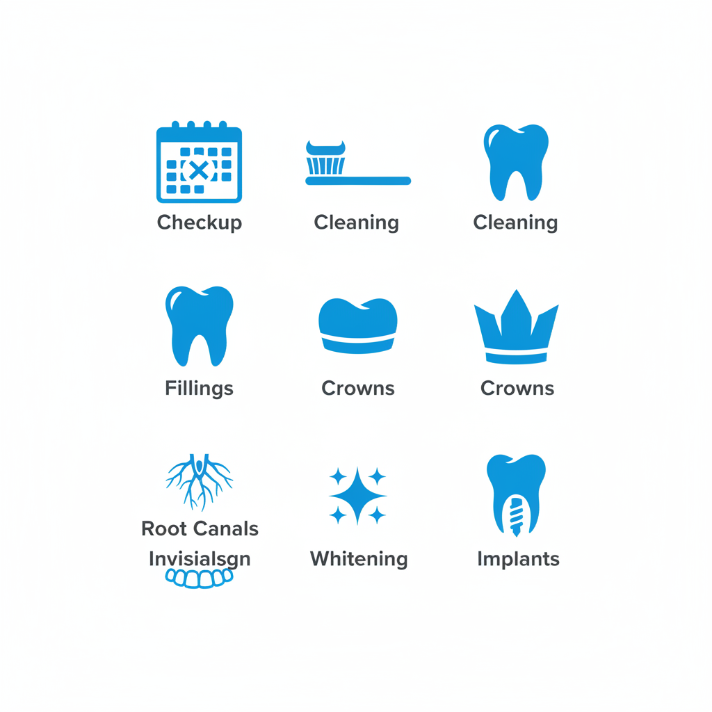 Grid of eight icons depicting various dental services including checkups, cleanings, fillings, crowns, root canals, whitening, Invisalign, and implants.