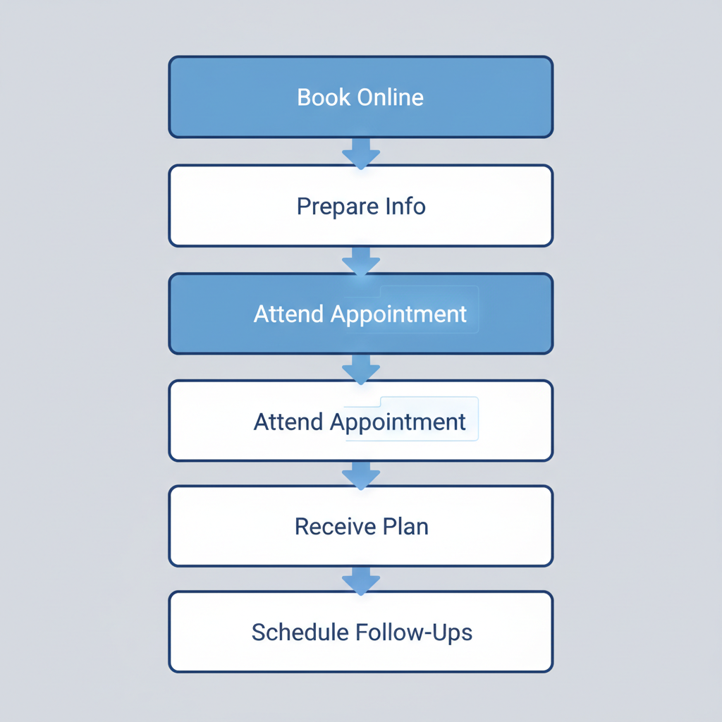 Vertical process flow illustrating five steps to begin family dental care at Parkside Dental Group.