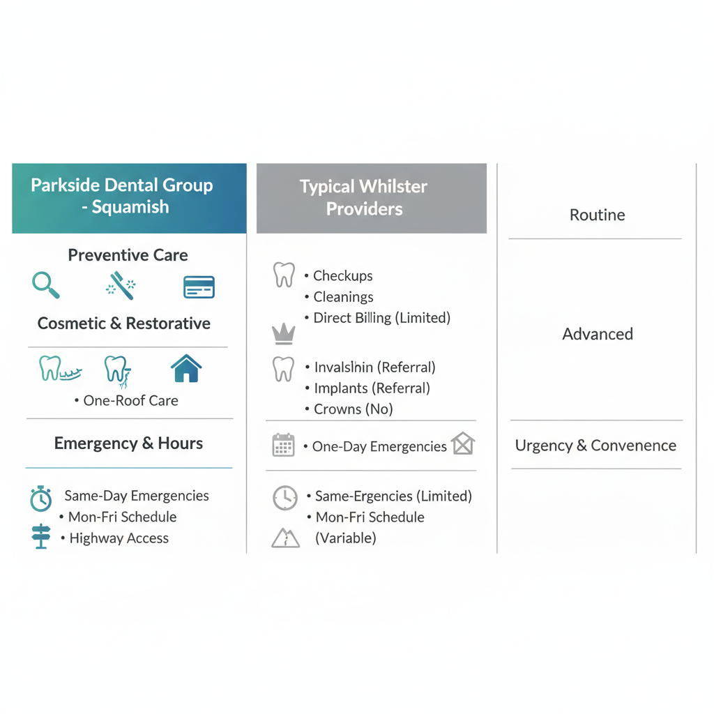 Infographic comparing family dental services in Whistler area between Parkside Dental Group and typical providers, highlighting preventive care, cosmetic restorative options, and emergency services.