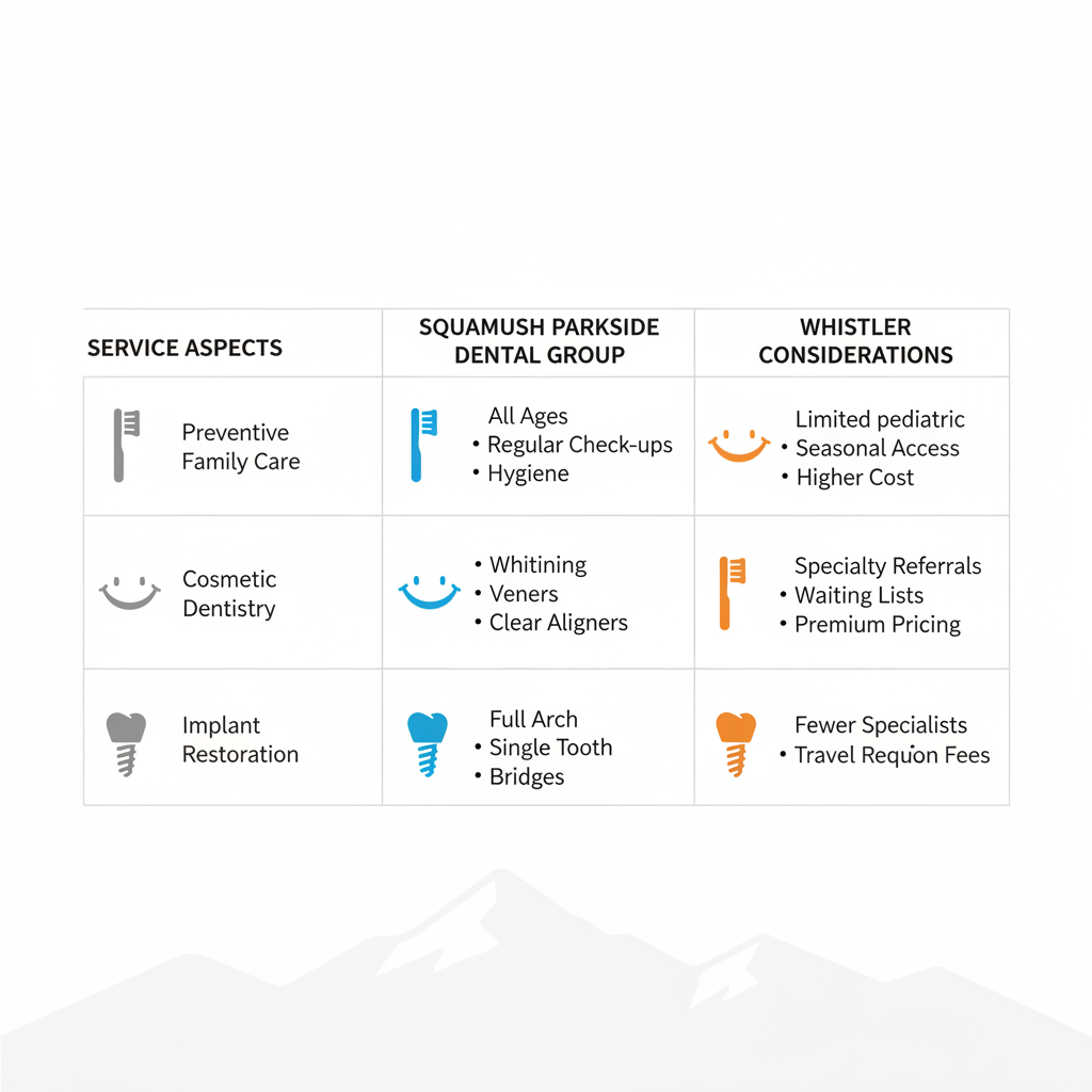 Infographic comparing dental service accessibility between Squamish Parkside Dental Group and Whistler region