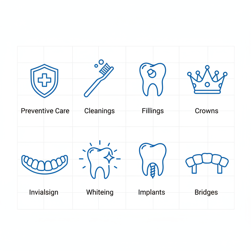 Icon grid showing dental services: preventive care, cleanings, fillings, crowns, Invisalign, whitening, implants, bridges.