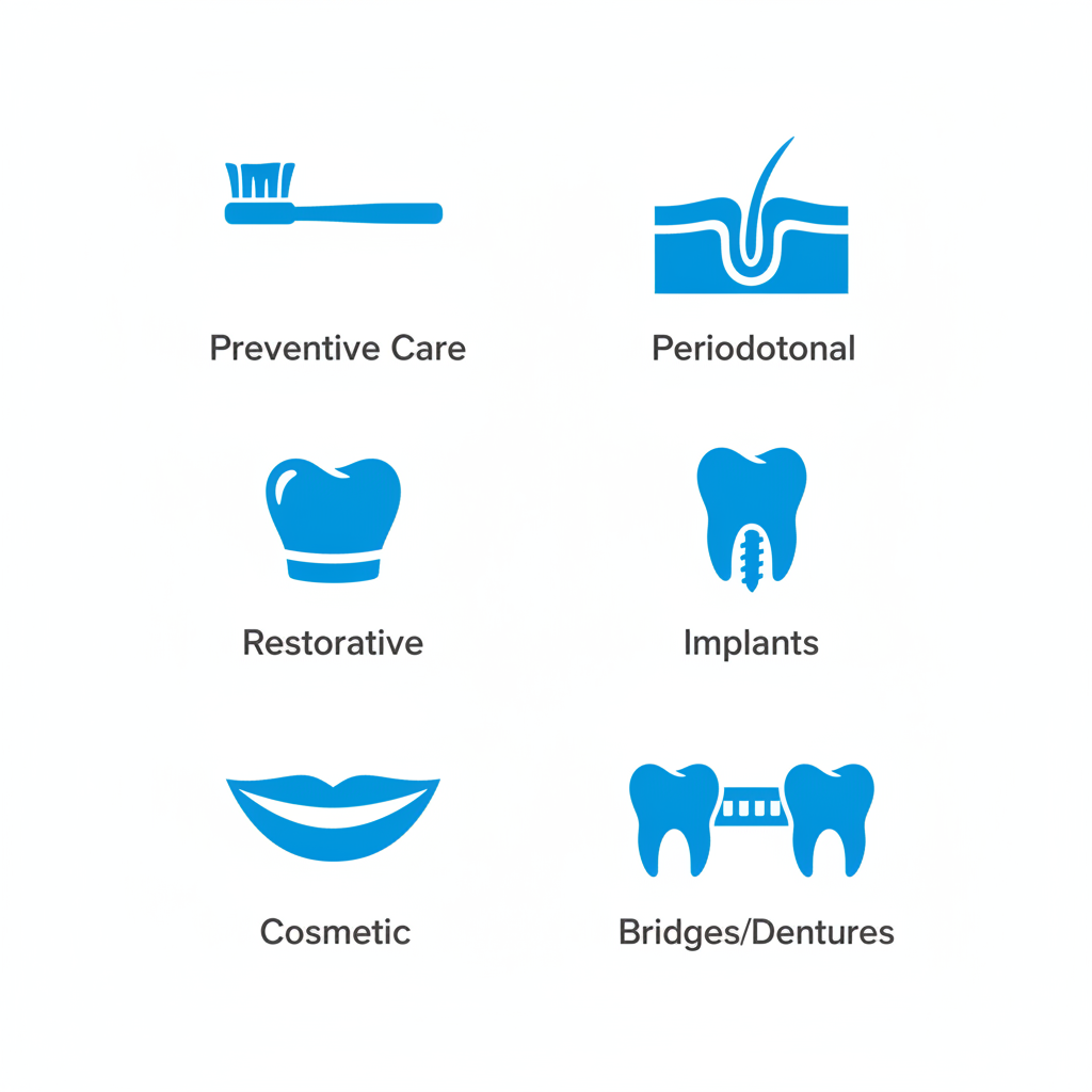 Grid of six dental service icons: preventive care toothbrush, restorative crown, cosmetic smile, periodontal gum, implants tooth root, bridges and dentures bridge.