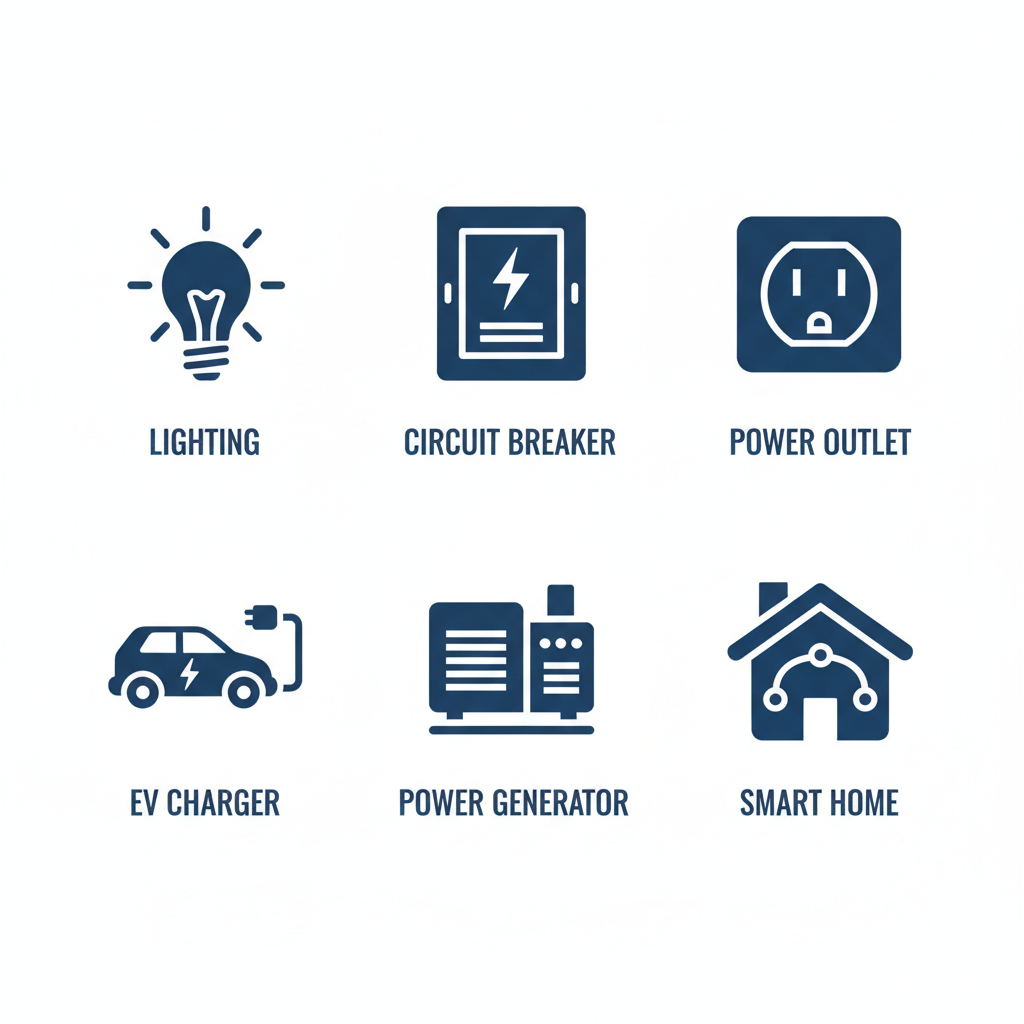 Grid of six icons representing electrical services: lighting, panels, outlets, EV chargers, generators, and smart homes.