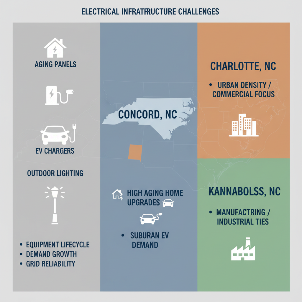 Infographic comparing electrical infrastructure challenges in Concord, Charlotte, and Kannapolis, North Carolina