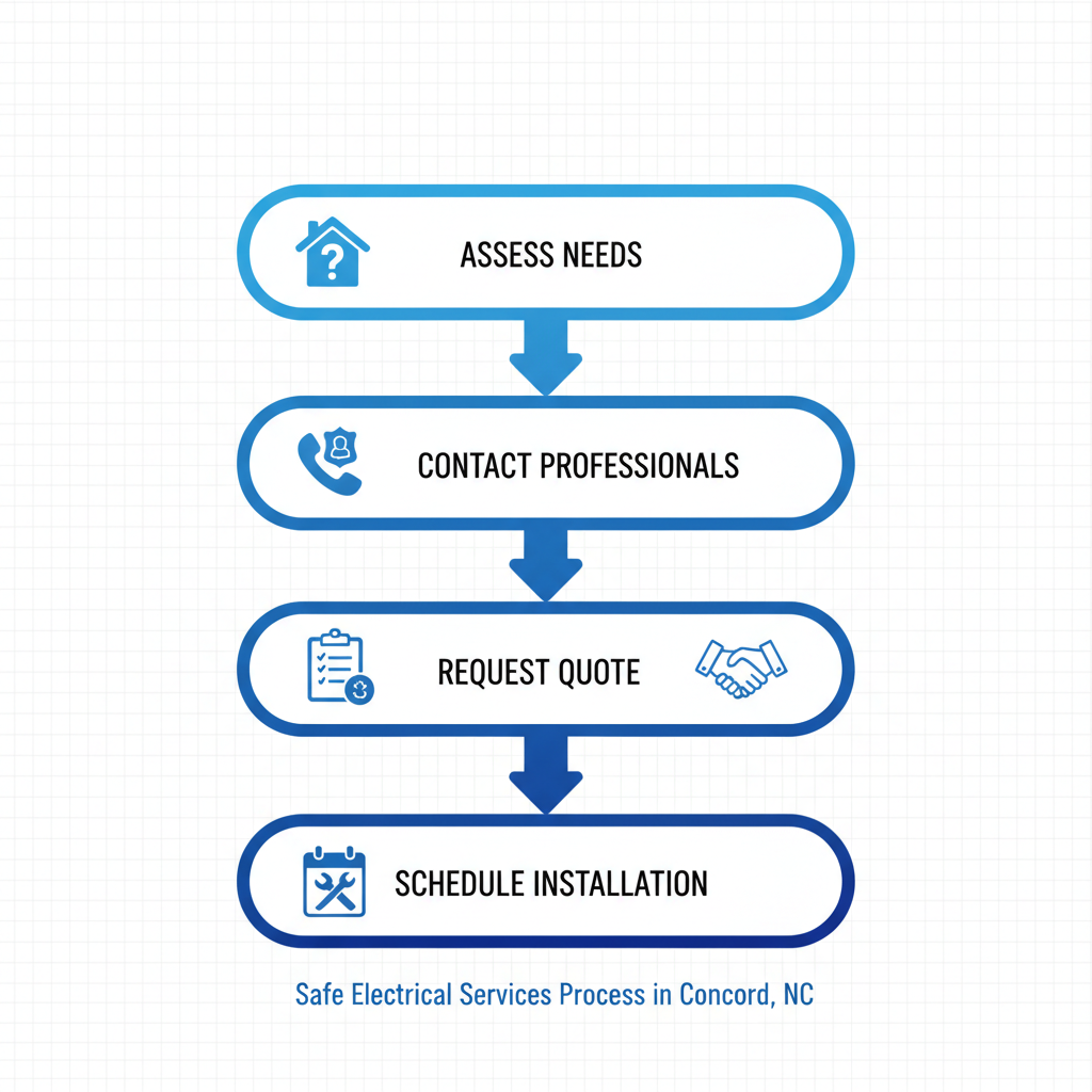 Vertical process flow diagram illustrating steps for starting electrical services: assessing needs, contacting professionals, requesting a quote, and scheduling installation.