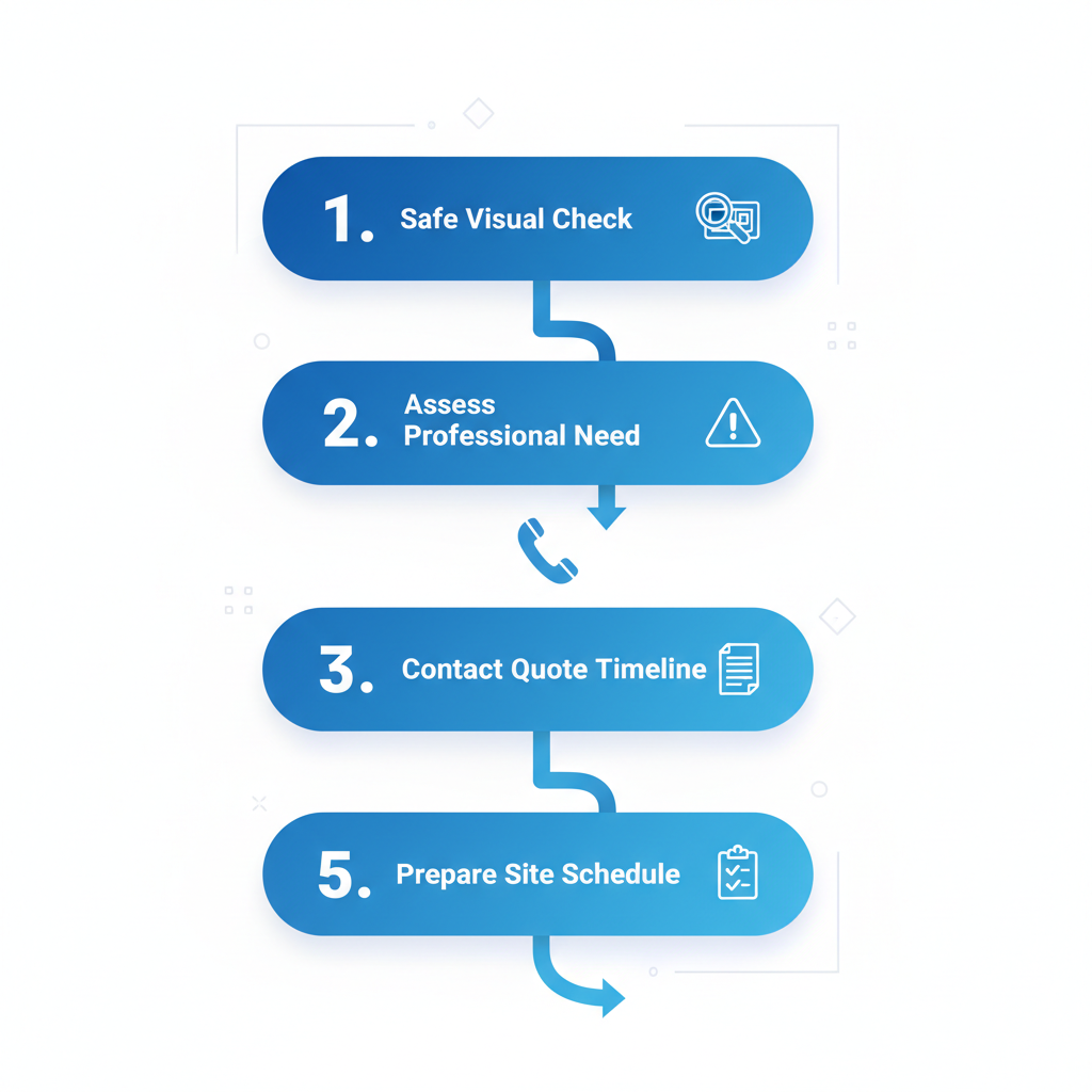 Vertical process flow diagram showing five steps for starting breaker box repairs: visual check, assess need, contact electrician, get quote, prepare site.