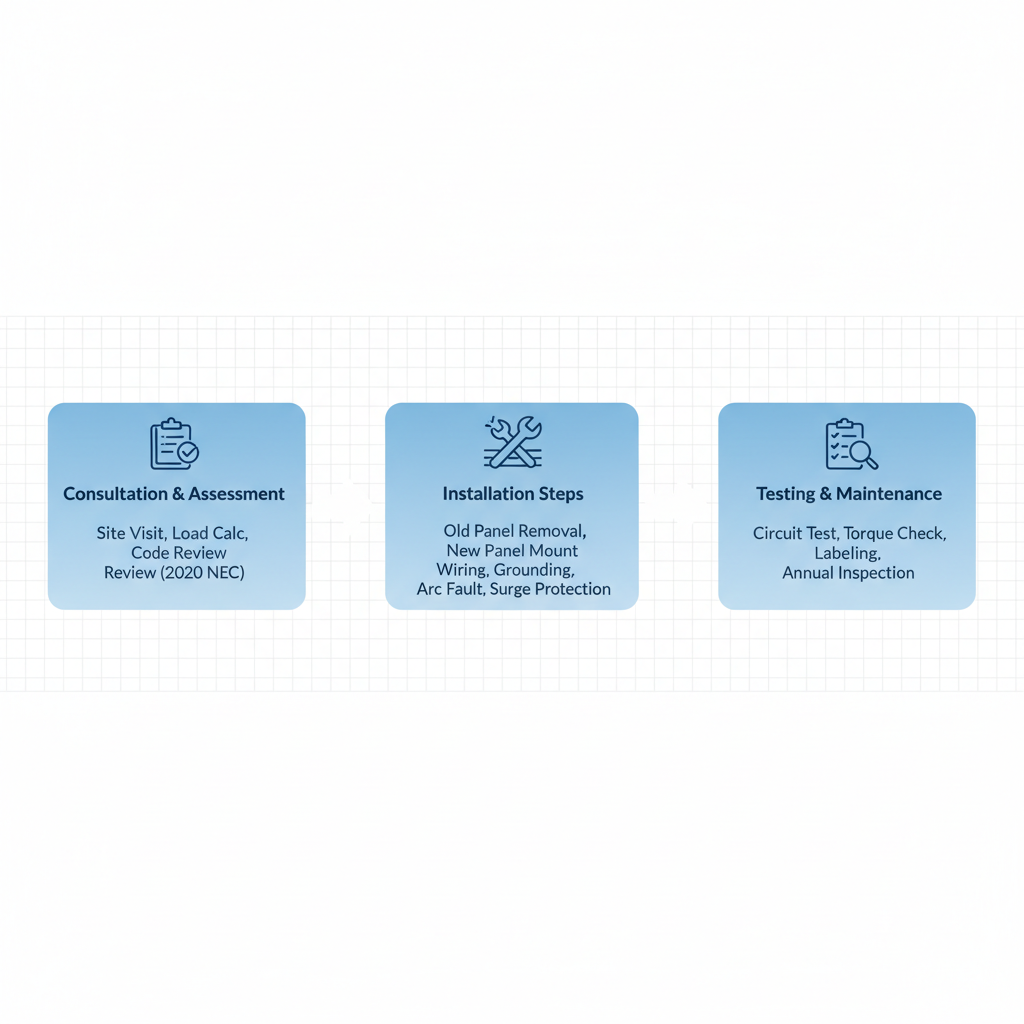 Horizontal process flow diagram illustrating the three stages of an electrical panel upgrade: initial consultation, installation, and post-installation testing.