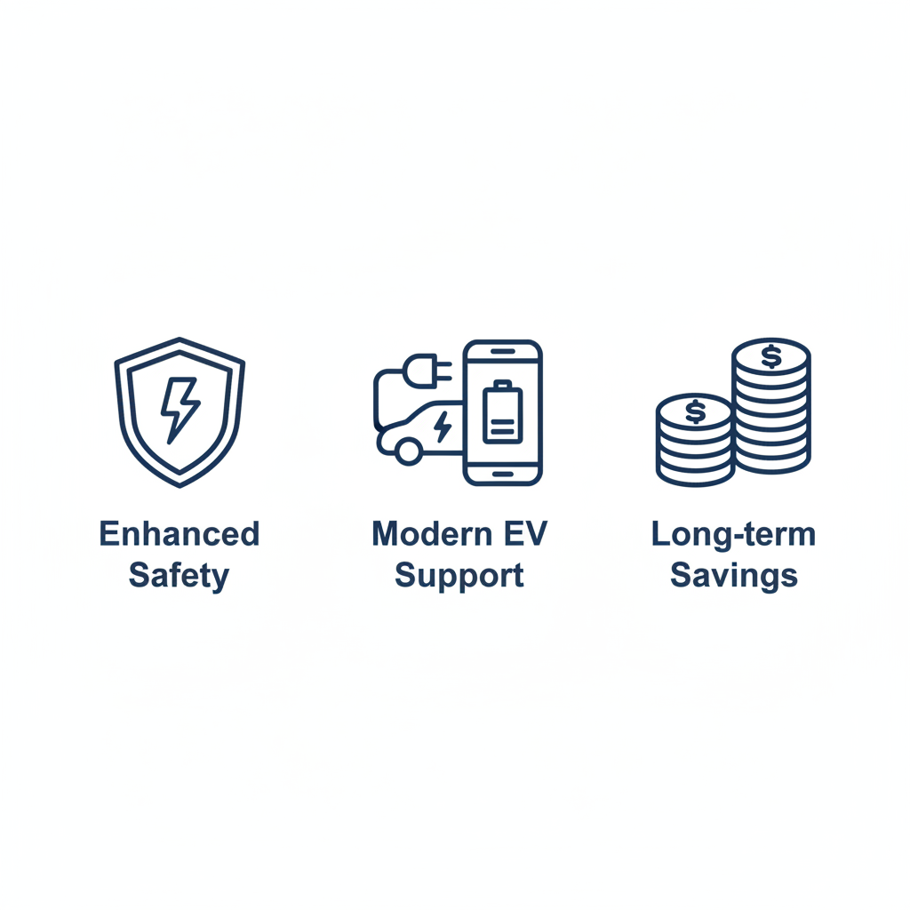 Icons depicting benefits of electrical panel upgrade: safety shield, EV plug support, and cost-saving coins.