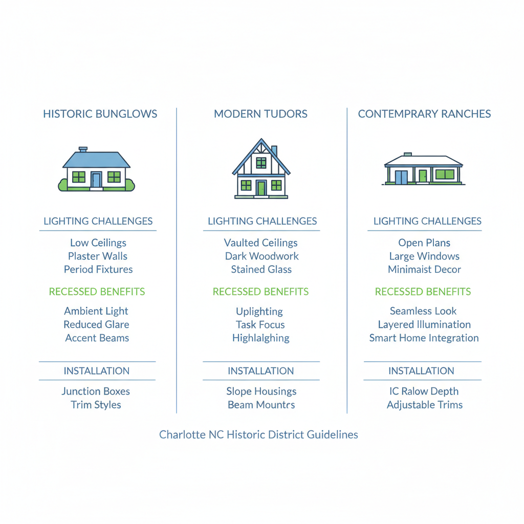 Infographic illustrating recessed lighting options, challenges, benefits, and installation notes for Historic Bungalows, Modern Tudors, and Contemporary Ranches in Myers Park.