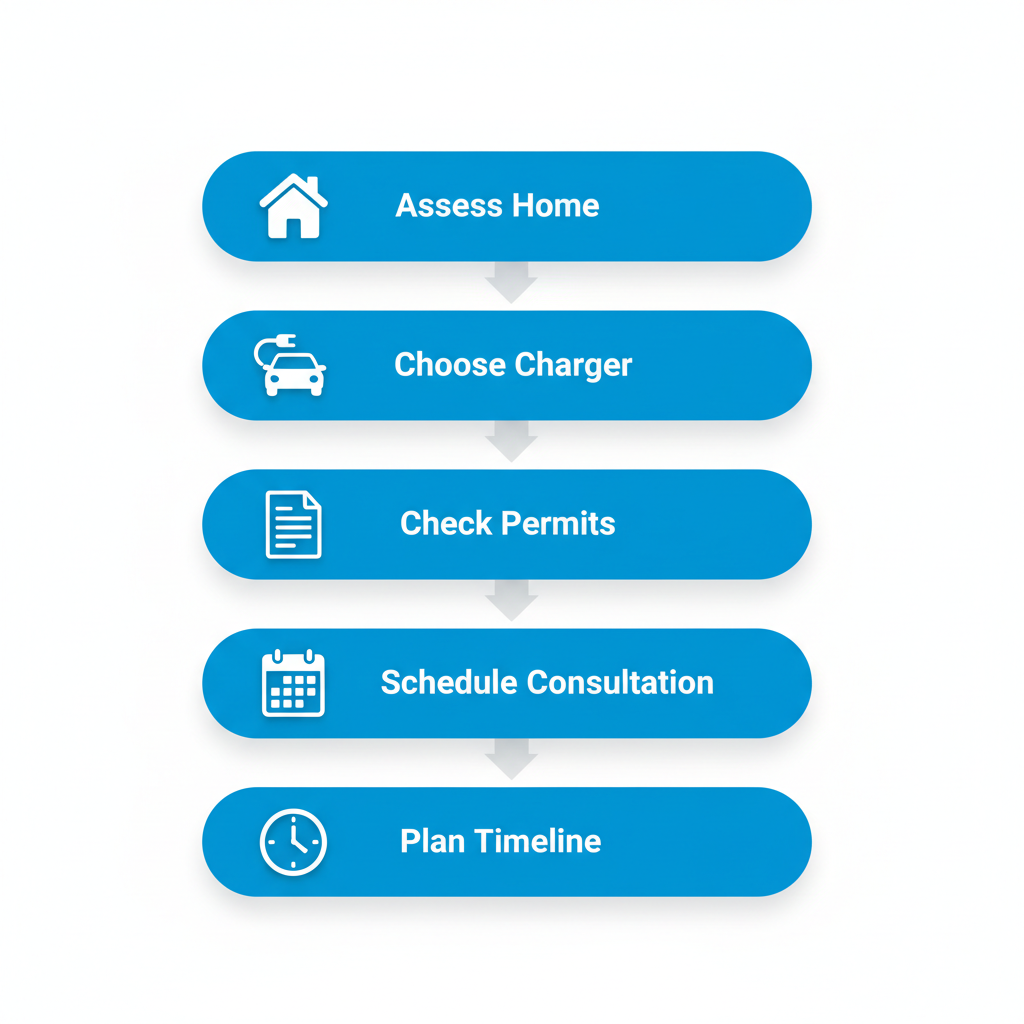 Vertical process flow diagram illustrating five steps for starting EV charger installation in Dilworth, NC, with icons and short labels.