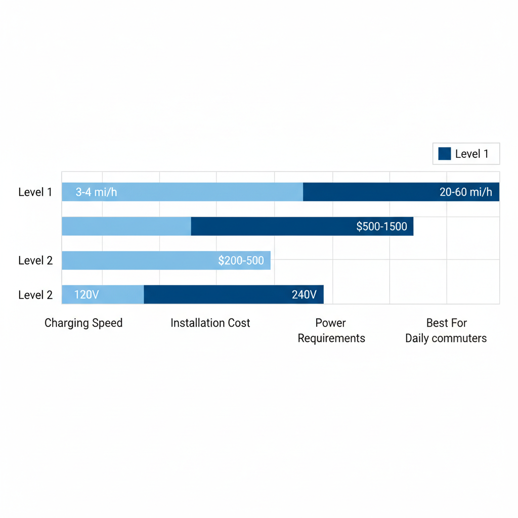 Horizontal bar chart comparing Level 1 and Level 2 EV chargers by speed, cost, power, and suitability for Dilworth homes.