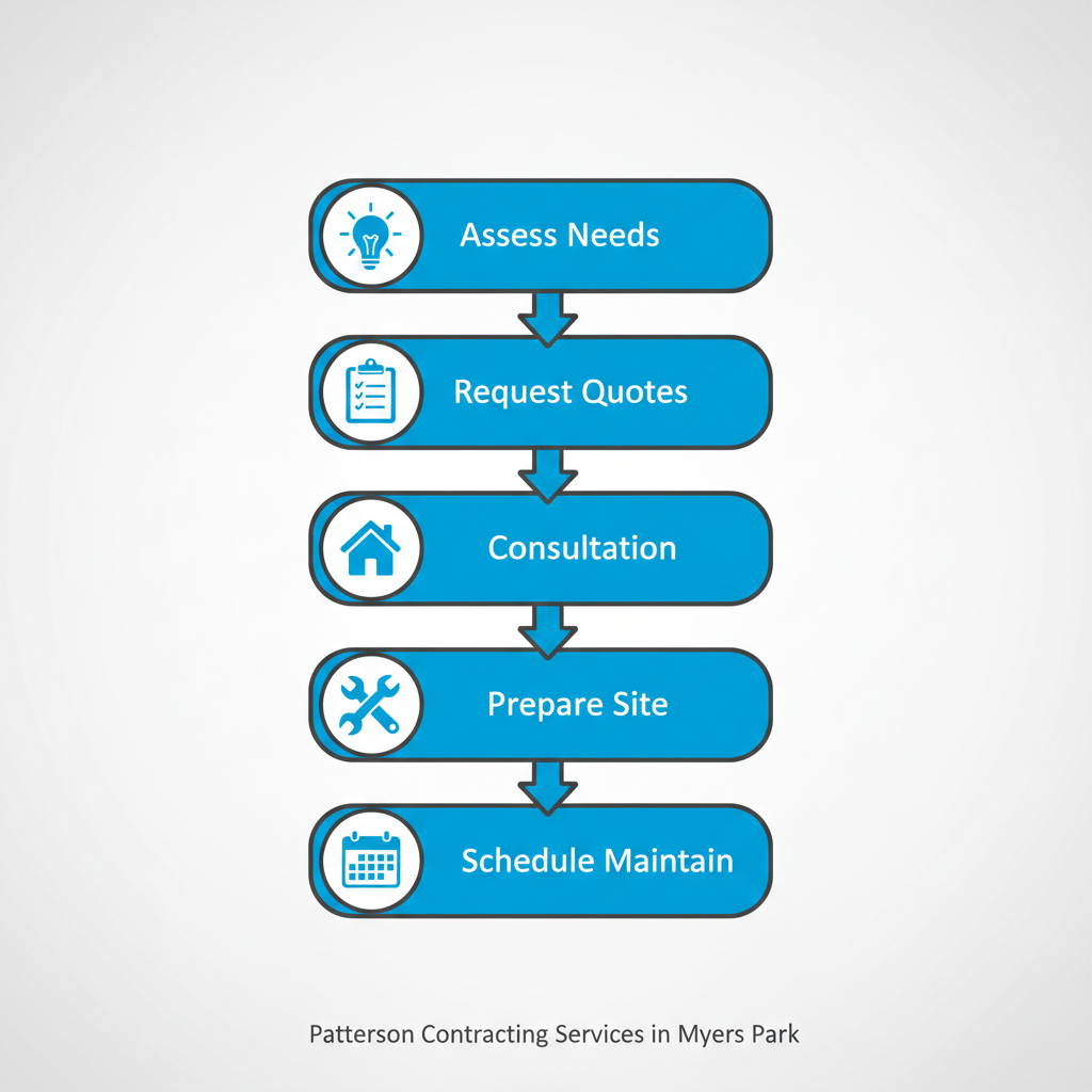 Vertical process flow diagram illustrating five steps to begin an electrical project in Myers Park: assess needs with lightbulb, request quotes with clipboard, consultation with house, prepare site with tools, and schedule maintenance with calendar.