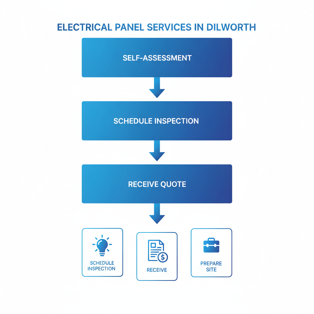 Diagram illustrating four-step process for starting electrical panel services: self-assessment, scheduling, quoting, and site preparation.