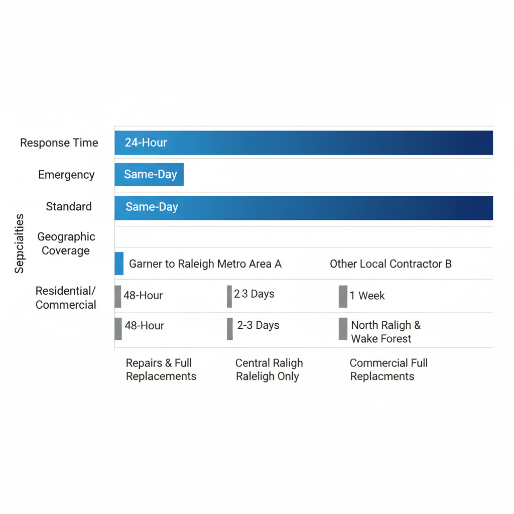Horizontal bar chart comparing service areas of Raleigh roofing contractors, highlighting Red Letter Roofing's advantages in response times and coverage.