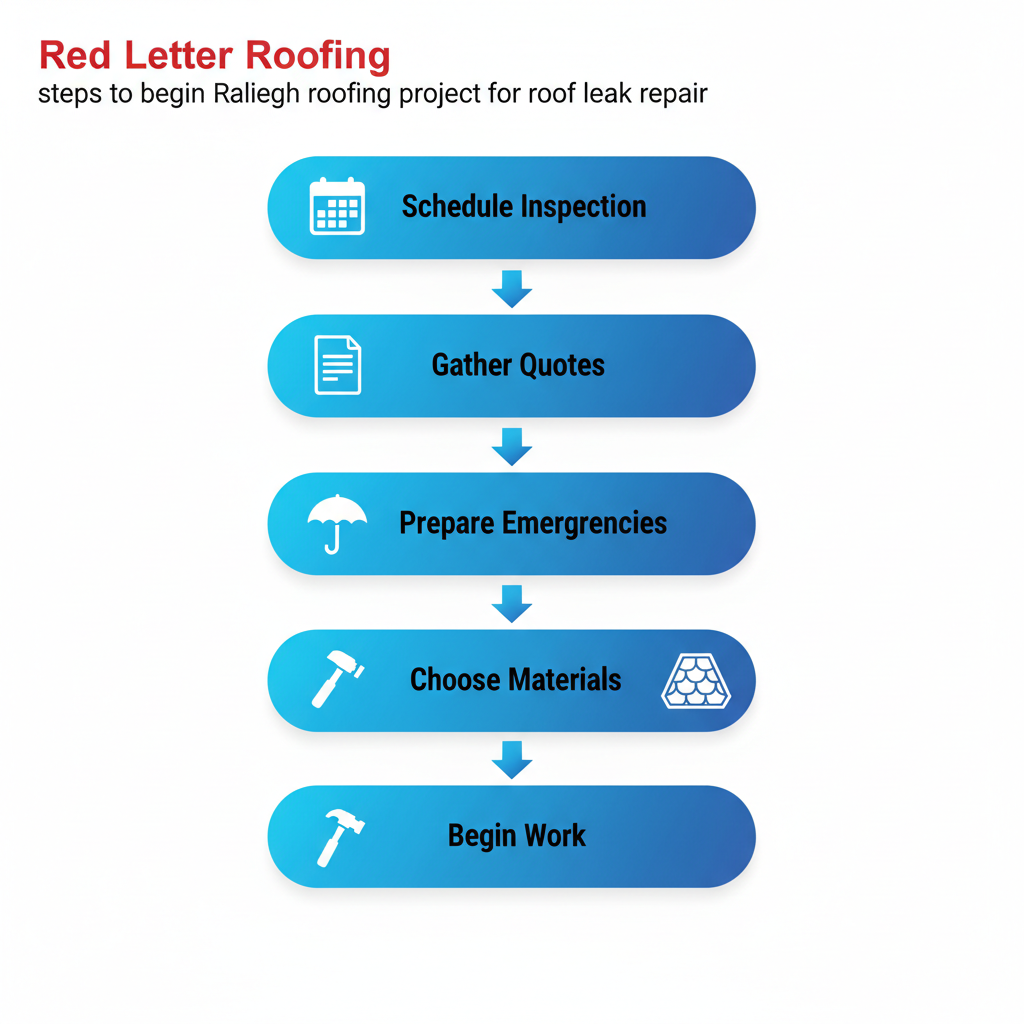 Vertical process flow diagram showing five steps to start a Raleigh roofing project with icons and brief labels