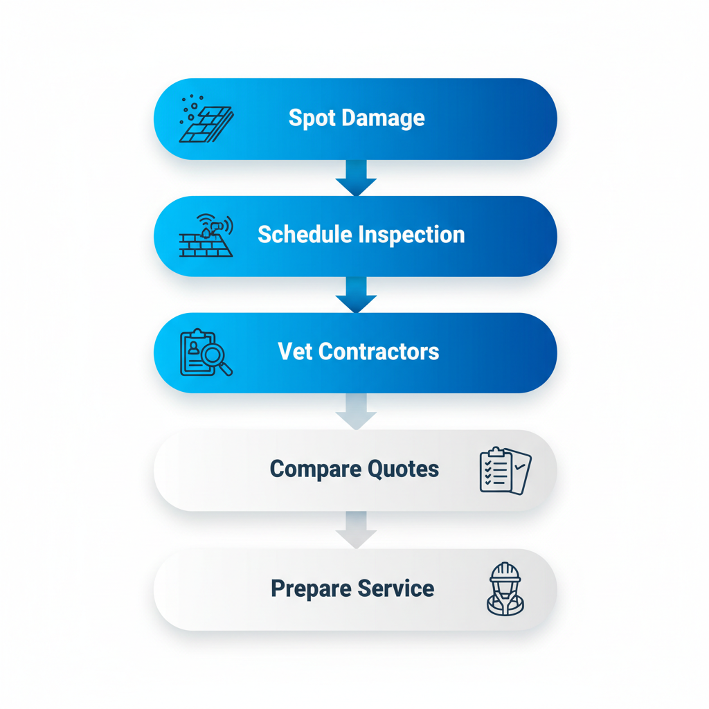 Vertical process flow diagram illustrating five steps to secure reliable roofing assistance: spotting damage, scheduling inspection, vetting contractors, comparing quotes, and preparing for service.