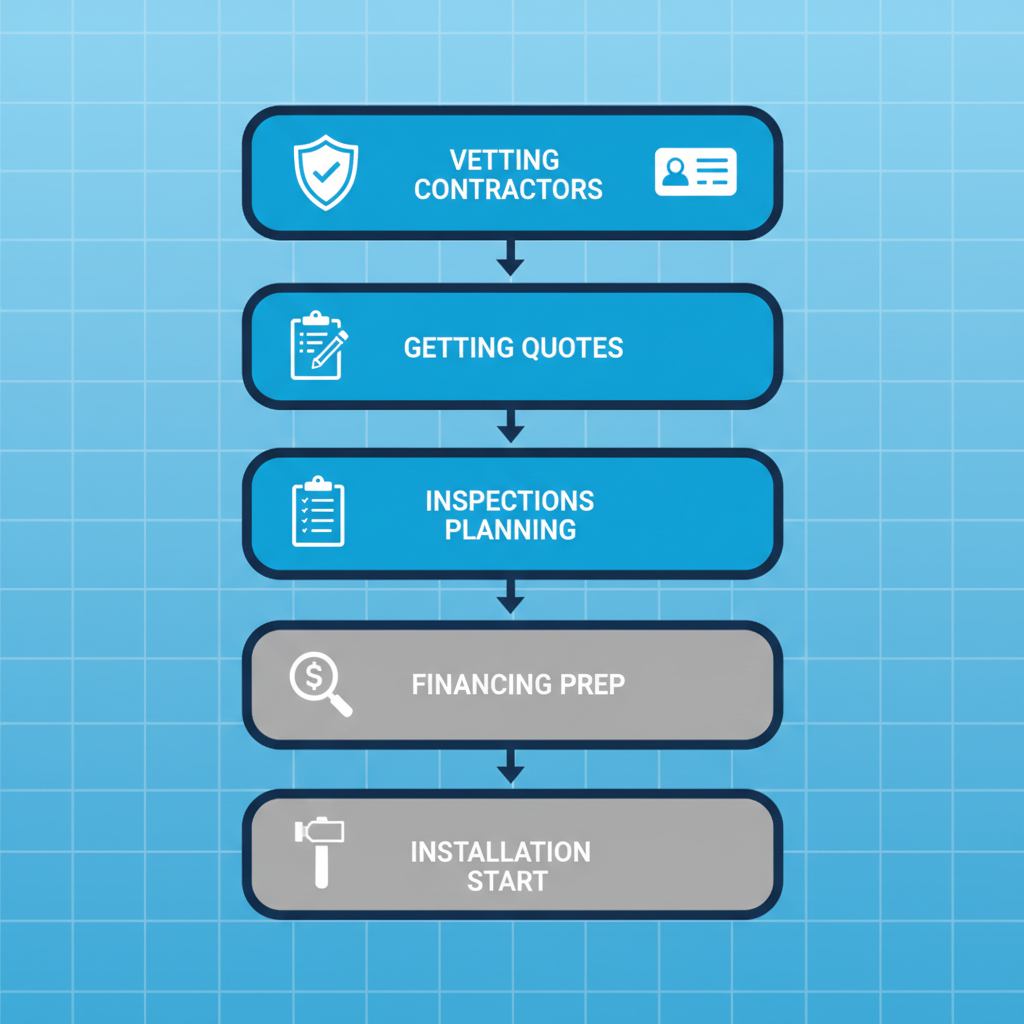 Vertical process flow diagram illustrating five steps to initiate a roofing project in Raleigh, including vetting contractors, obtaining quotes, inspections, financing, and installation start.